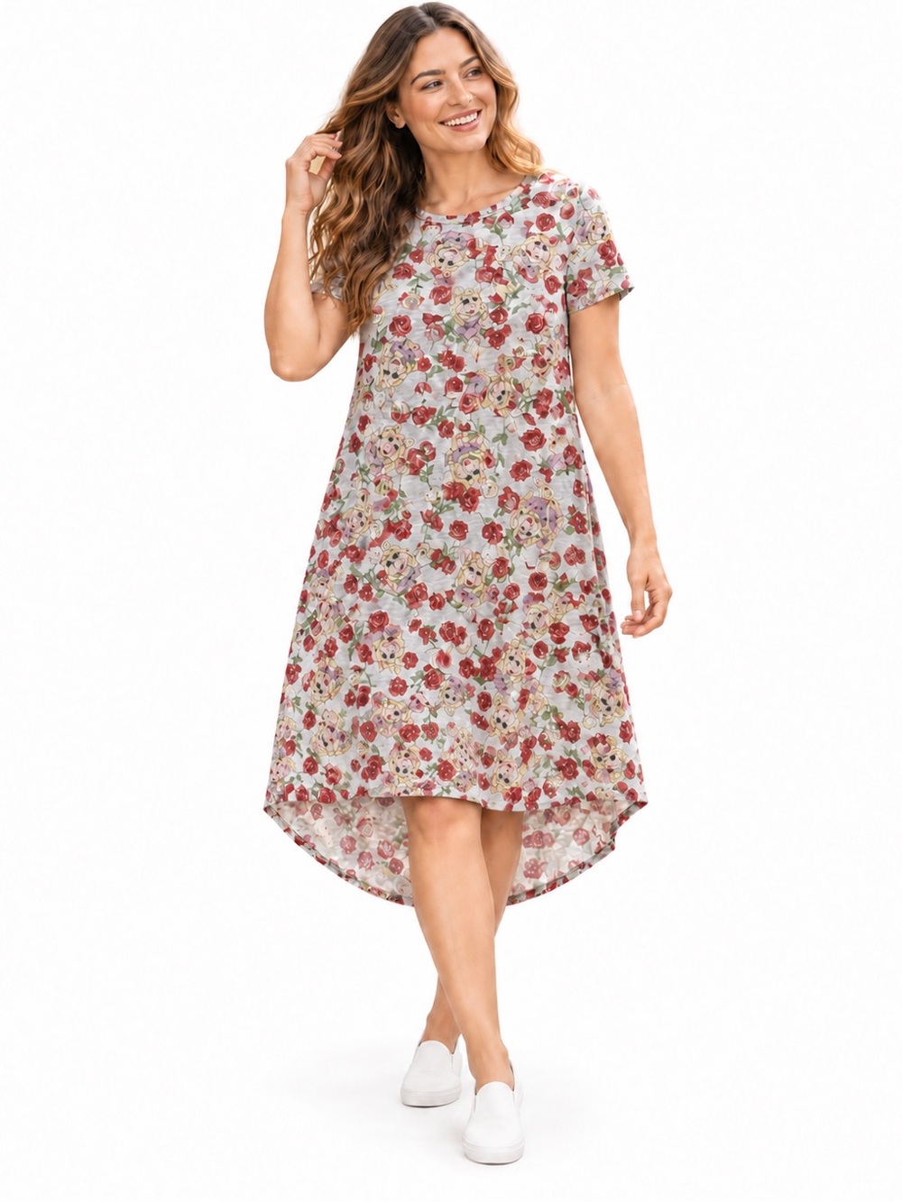 LuLaRoe Disney Miss Piggy Carly Swing Dress Red Floral Roses Grey high low hem S